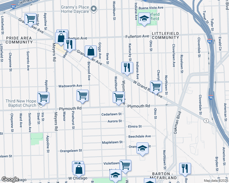 map of restaurants, bars, coffee shops, grocery stores, and more near 11709 Washburn Street in Detroit