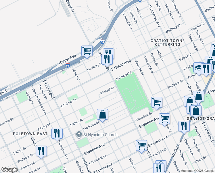 map of restaurants, bars, coffee shops, grocery stores, and more near 3648 East Palmer Street in Detroit