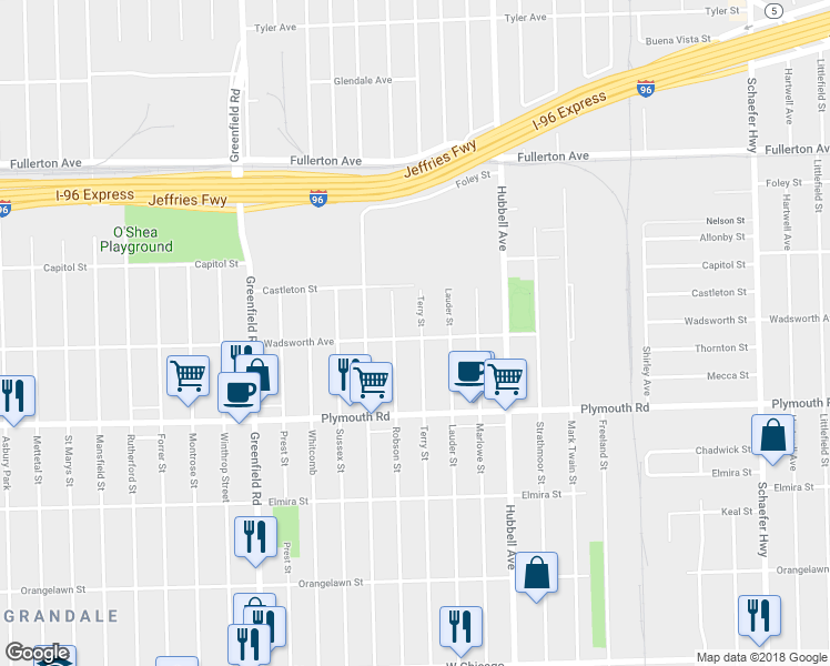 map of restaurants, bars, coffee shops, grocery stores, and more near 12001 Terry Street in Detroit