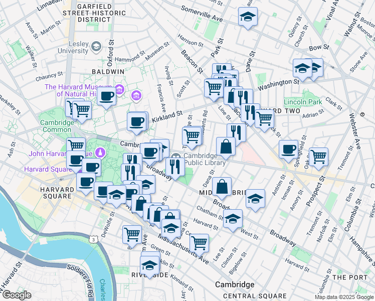 map of restaurants, bars, coffee shops, grocery stores, and more near 1643 Cambridge Street in Cambridge