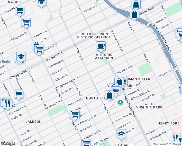 map of restaurants, bars, coffee shops, grocery stores, and more near 2075 Clairmount Avenue in Detroit