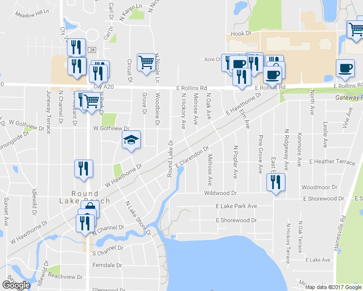 map of restaurants, bars, coffee shops, grocery stores, and more near 15 East Hawthorne Drive in Round Lake Beach