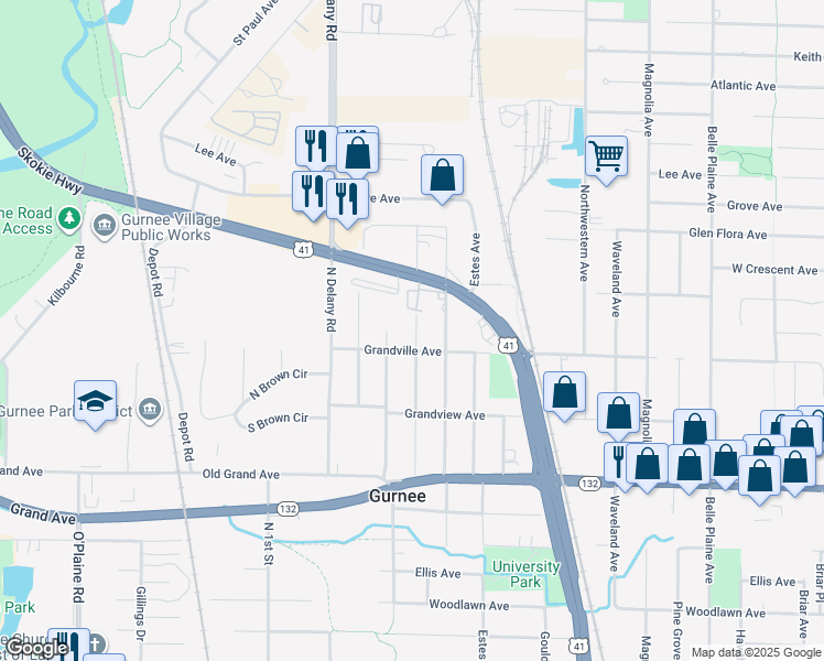 map of restaurants, bars, coffee shops, grocery stores, and more near 1040 Blackburn Street in Gurnee