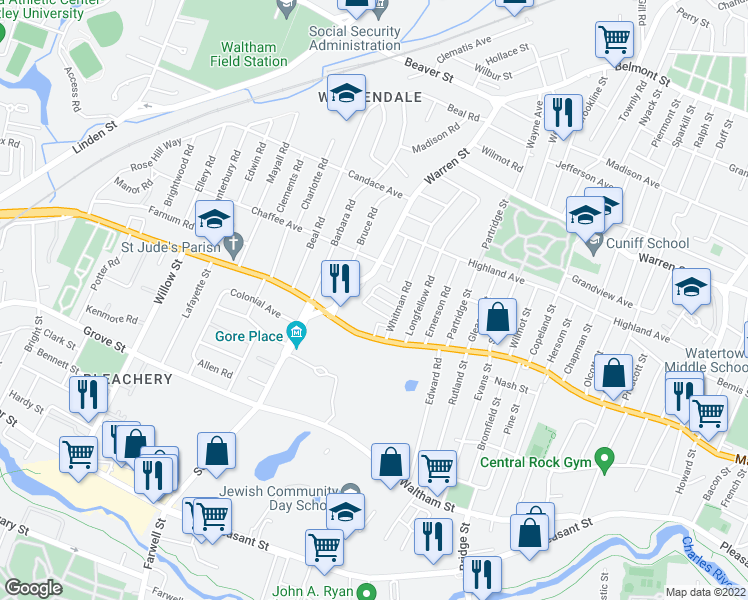 map of restaurants, bars, coffee shops, grocery stores, and more near 36 Whitman Road in Waltham