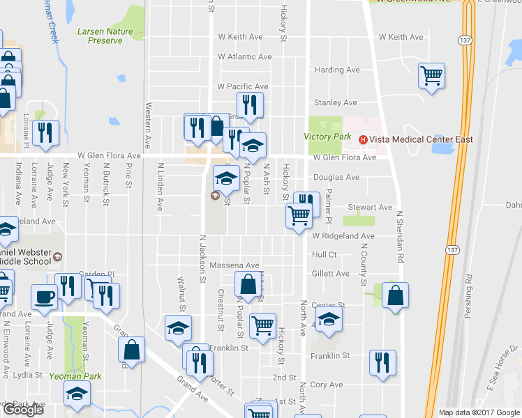 map of restaurants, bars, coffee shops, grocery stores, and more near 1034 North Ash Street in Waukegan