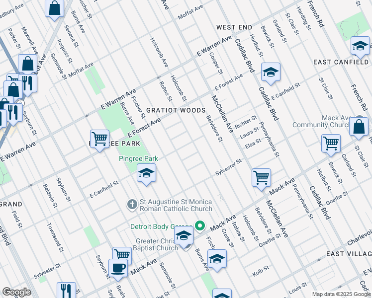 map of restaurants, bars, coffee shops, grocery stores, and more near 8836 East Canfield Street in Detroit