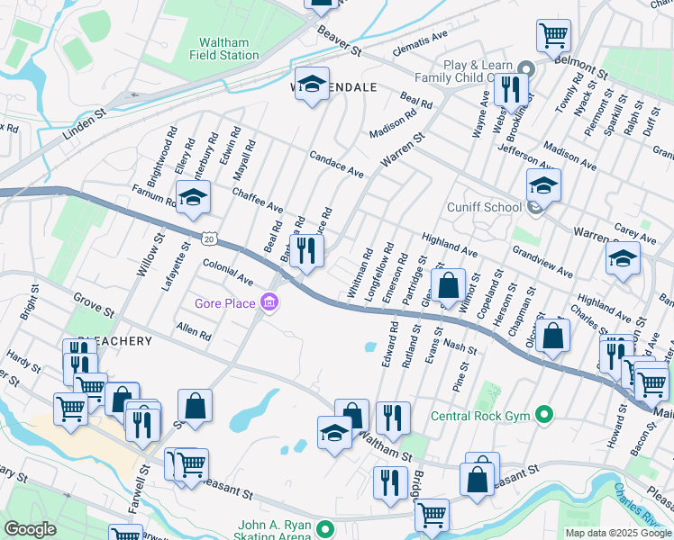 map of restaurants, bars, coffee shops, grocery stores, and more near 21 Warren Street in Waltham