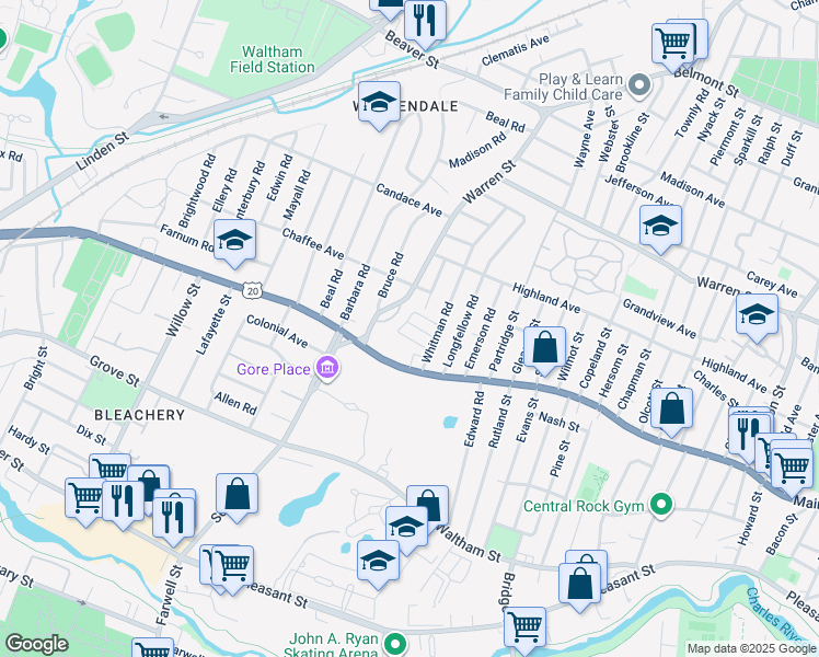 map of restaurants, bars, coffee shops, grocery stores, and more near 36 Whitman Road in Waltham