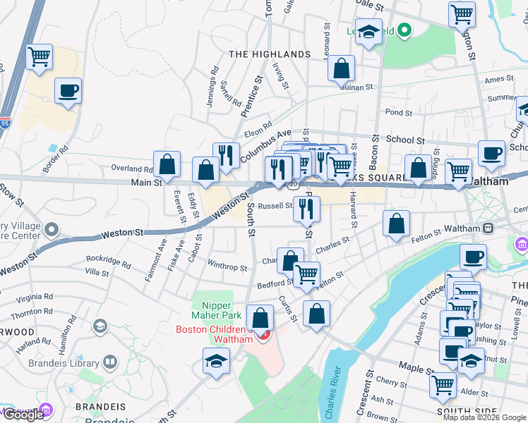map of restaurants, bars, coffee shops, grocery stores, and more near 136 Russell Street in Waltham