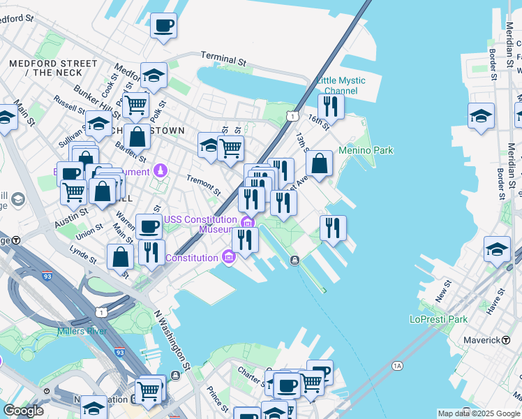 map of restaurants, bars, coffee shops, grocery stores, and more near 32 1st Avenue in Boston