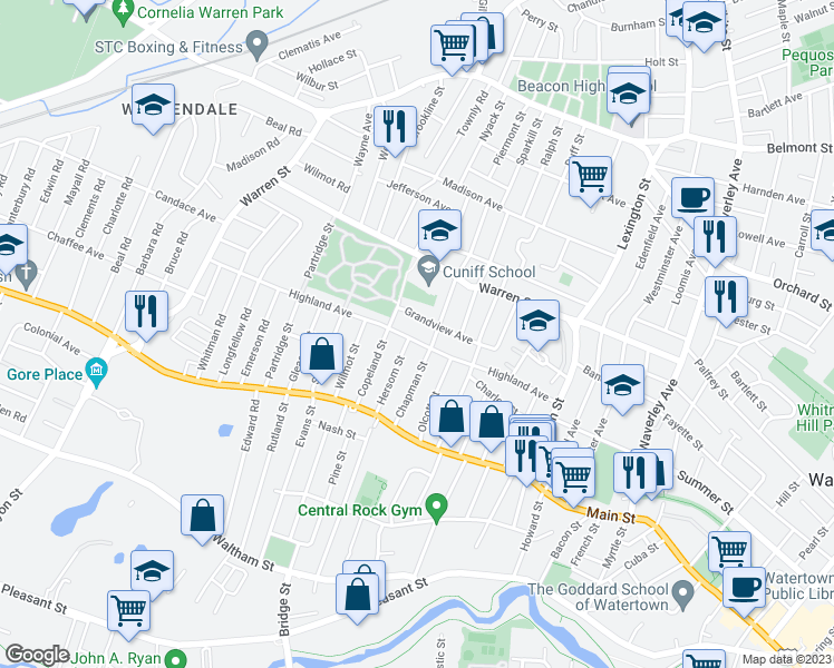 map of restaurants, bars, coffee shops, grocery stores, and more near 129 Highland Avenue in Watertown