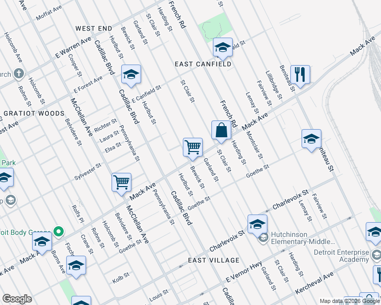 map of restaurants, bars, coffee shops, grocery stores, and more near 3730 Bewick Street in Detroit