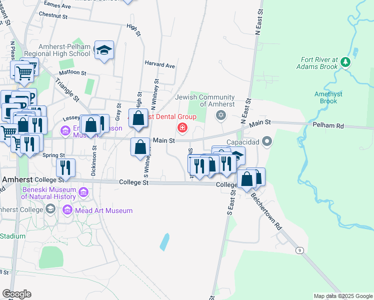 map of restaurants, bars, coffee shops, grocery stores, and more near 17 Shumway Street in Amherst