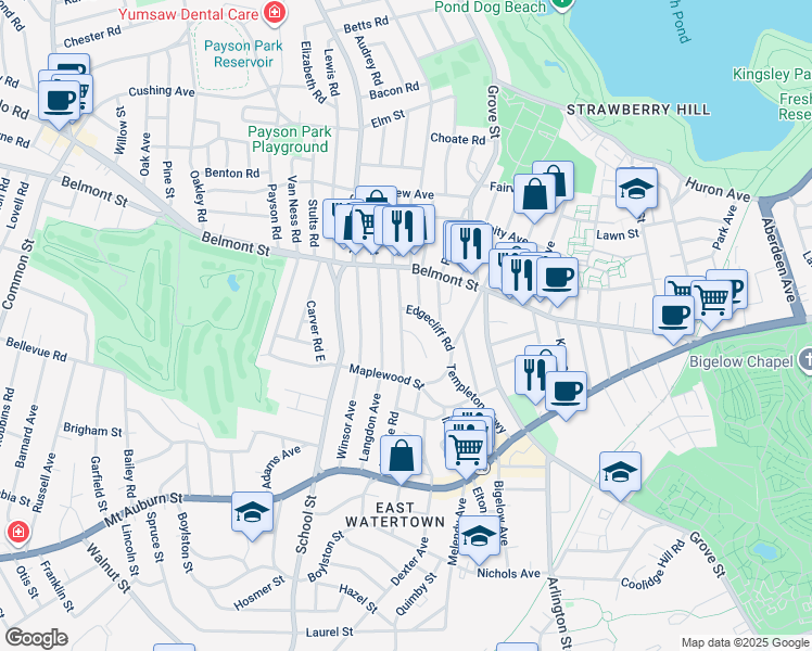 map of restaurants, bars, coffee shops, grocery stores, and more near 129 Hillside Road in Watertown