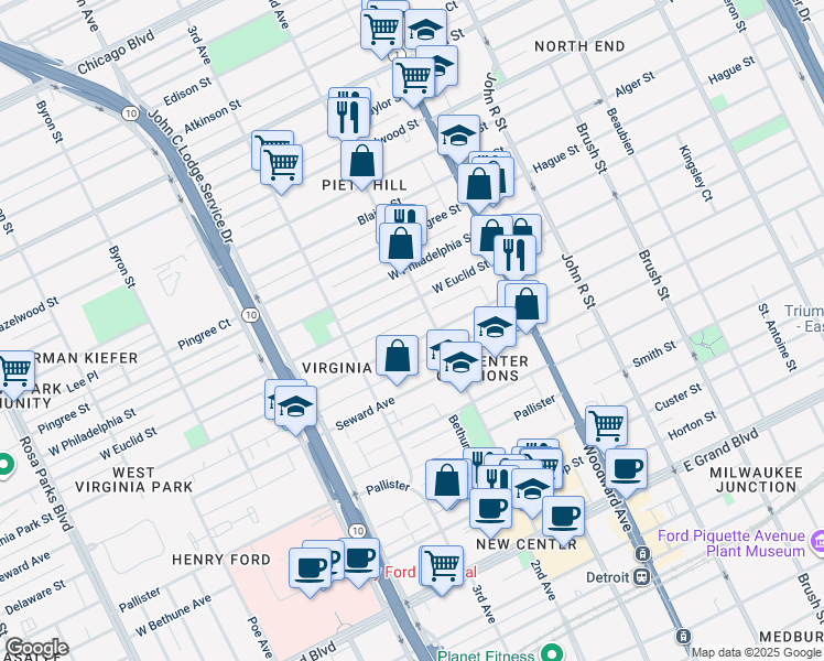 map of restaurants, bars, coffee shops, grocery stores, and more near 680 Virginia Park Street in Detroit
