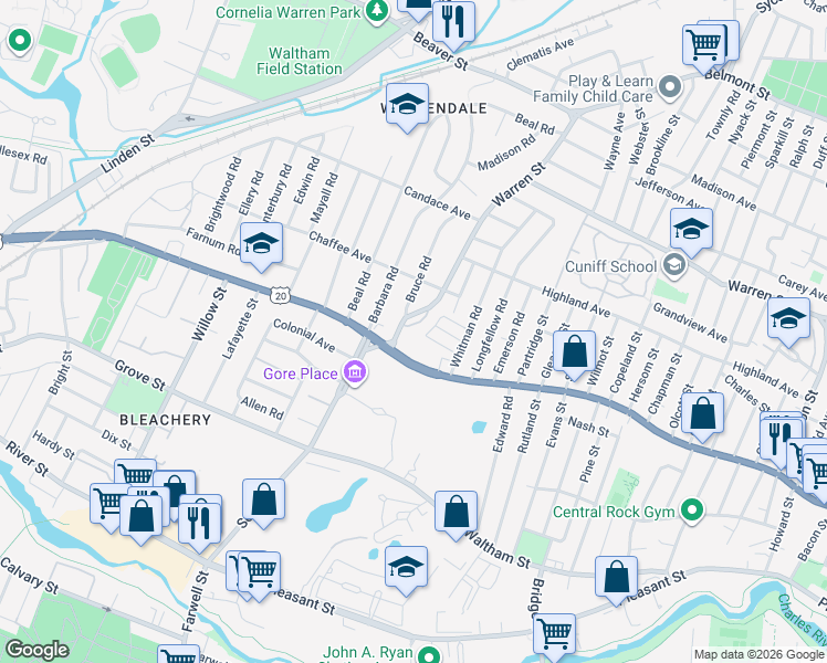 map of restaurants, bars, coffee shops, grocery stores, and more near 21 Warren Street in Waltham