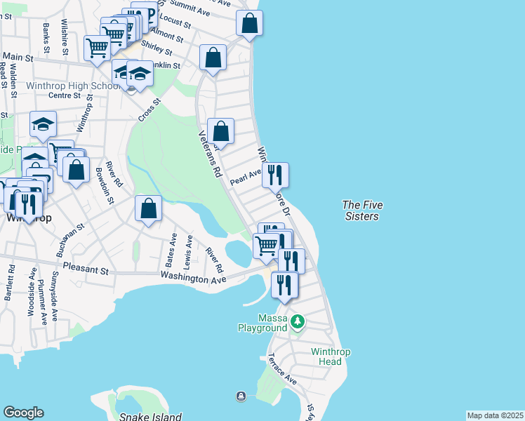 map of restaurants, bars, coffee shops, grocery stores, and more near 386 Shirley Street in Winthrop