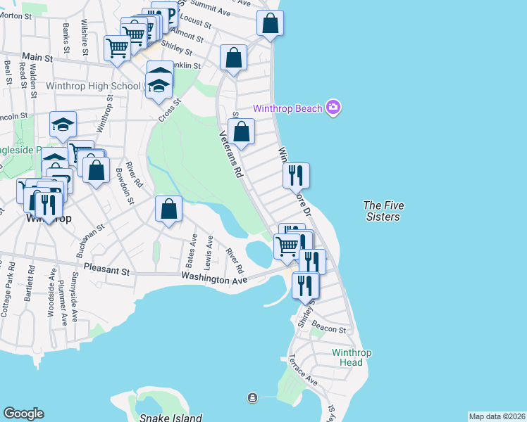 map of restaurants, bars, coffee shops, grocery stores, and more near 386 Shirley Street in Winthrop