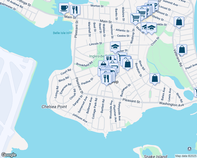 map of restaurants, bars, coffee shops, grocery stores, and more near 21 Somerset Avenue in Winthrop