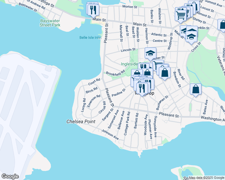 map of restaurants, bars, coffee shops, grocery stores, and more near 193 Pauline Street in Winthrop