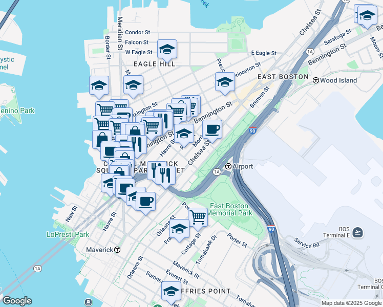 map of restaurants, bars, coffee shops, grocery stores, and more near 223 Marion Street in Boston