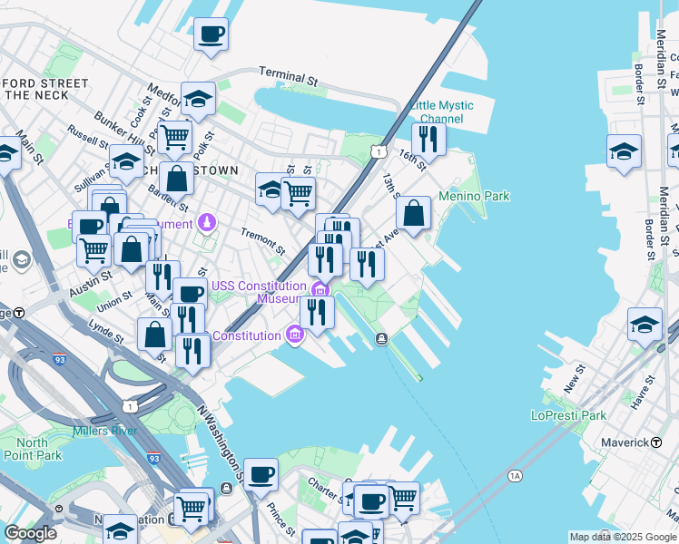 map of restaurants, bars, coffee shops, grocery stores, and more near 32 1st Avenue in Boston