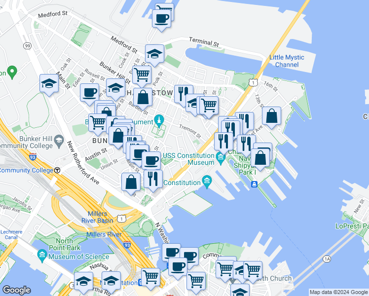 map of restaurants, bars, coffee shops, grocery stores, and more near 37 Mount Vernon Street in Boston