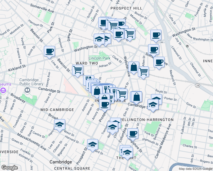 map of restaurants, bars, coffee shops, grocery stores, and more near 25 Houghton Street in Somerville
