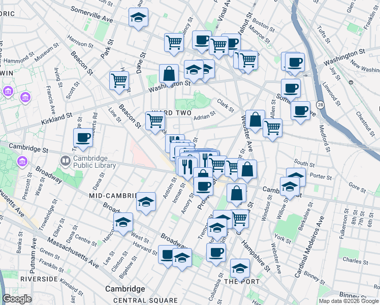 map of restaurants, bars, coffee shops, grocery stores, and more near 37 Springfield Street in Somerville