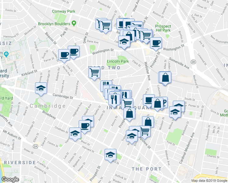 map of restaurants, bars, coffee shops, grocery stores, and more near 37 Springfield Street in Somerville