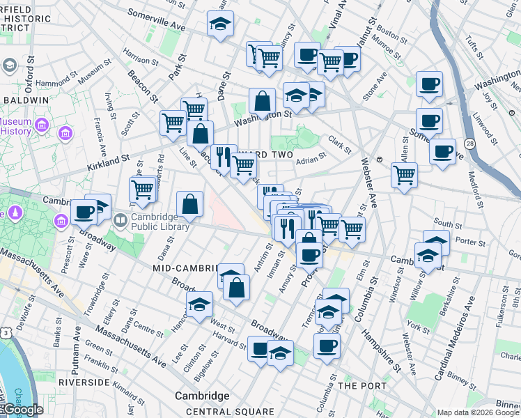 map of restaurants, bars, coffee shops, grocery stores, and more near 17 Hammond Street in Somerville