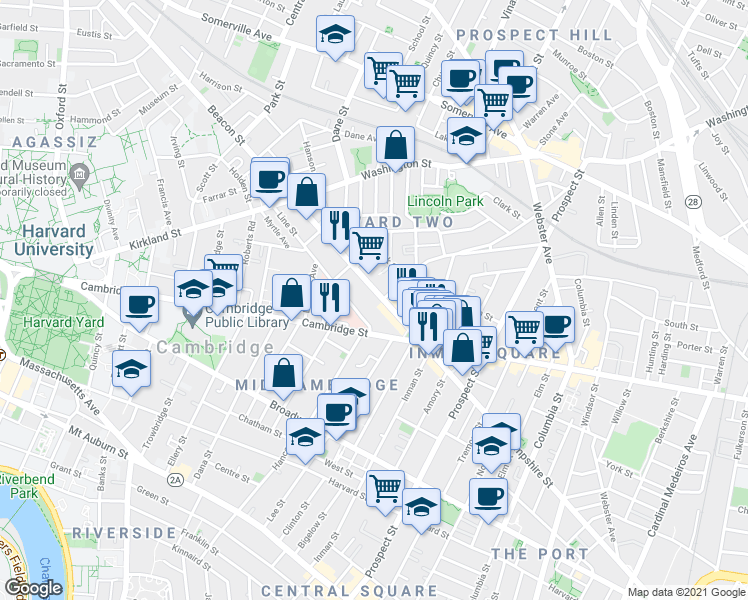 map of restaurants, bars, coffee shops, grocery stores, and more near 28 Beacon Street in Somerville