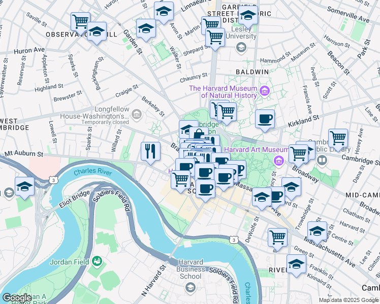 map of restaurants, bars, coffee shops, grocery stores, and more near 64 Brattle Street in Cambridge