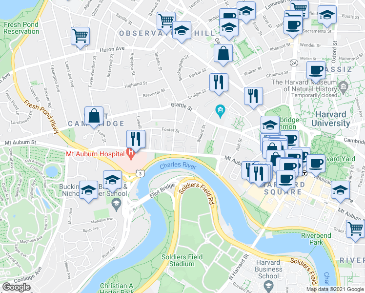 map of restaurants, bars, coffee shops, grocery stores, and more near in Cambridge