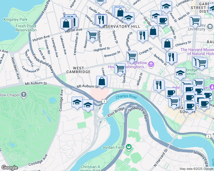 map of restaurants, bars, coffee shops, grocery stores, and more near 25 Lowell Street in Cambridge