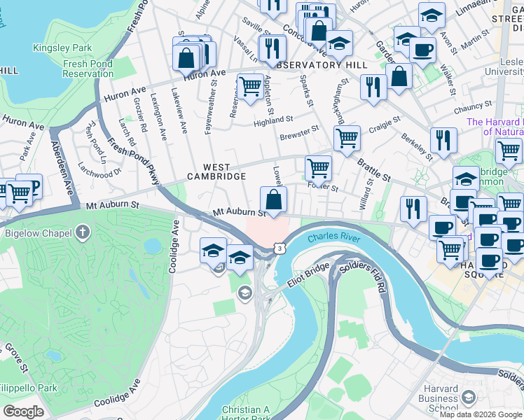 map of restaurants, bars, coffee shops, grocery stores, and more near 313 Mount Auburn Street in Cambridge