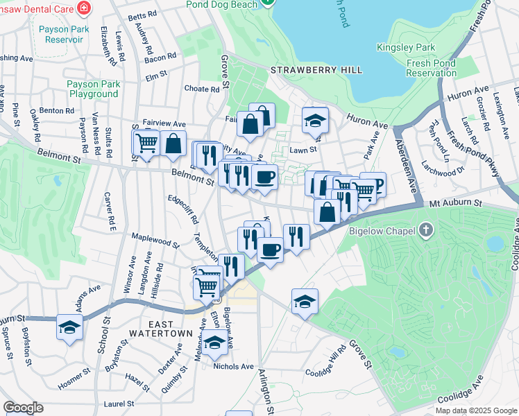 map of restaurants, bars, coffee shops, grocery stores, and more near 120 Belmont Street in Watertown