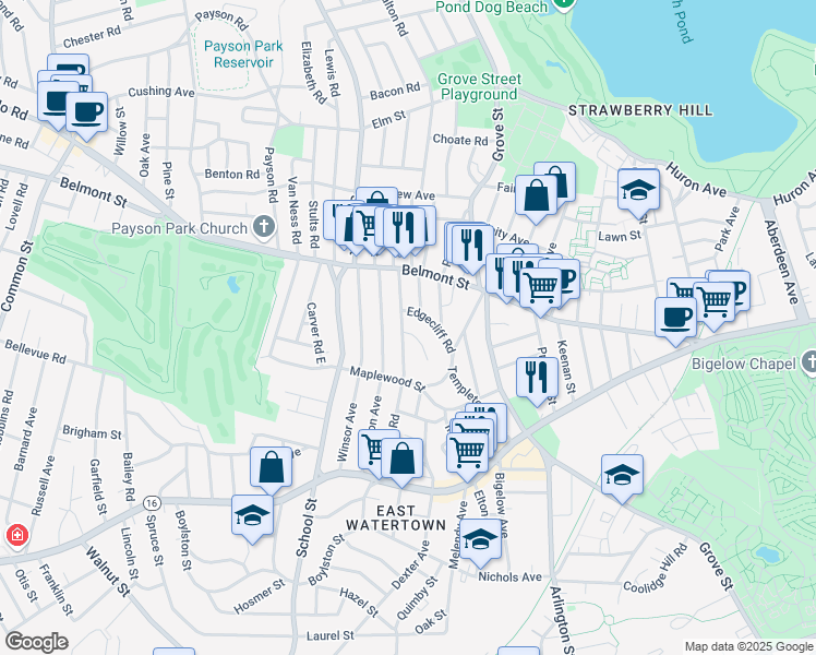 map of restaurants, bars, coffee shops, grocery stores, and more near 129 Hillside Road in Watertown