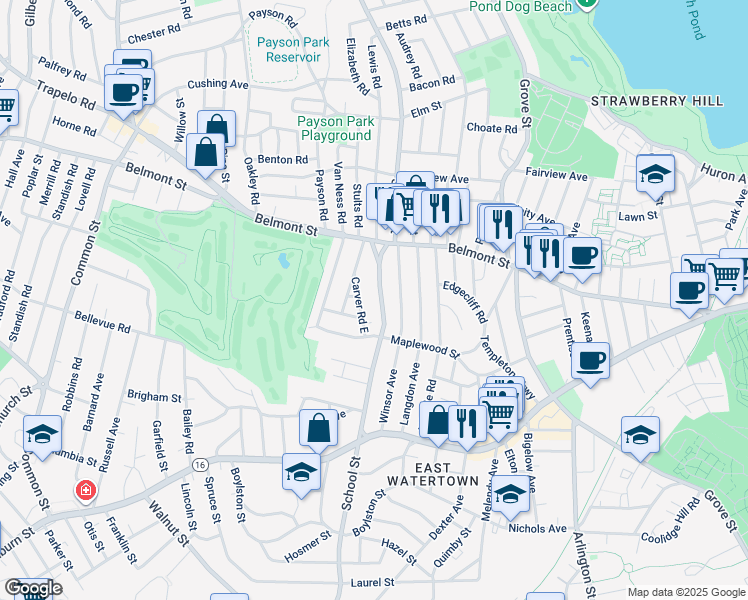 map of restaurants, bars, coffee shops, grocery stores, and more near 370 School Street in Watertown