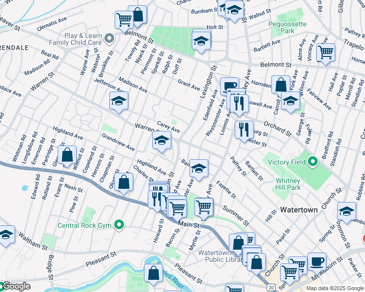 map of restaurants, bars, coffee shops, grocery stores, and more near 169 Lexington Street in Watertown