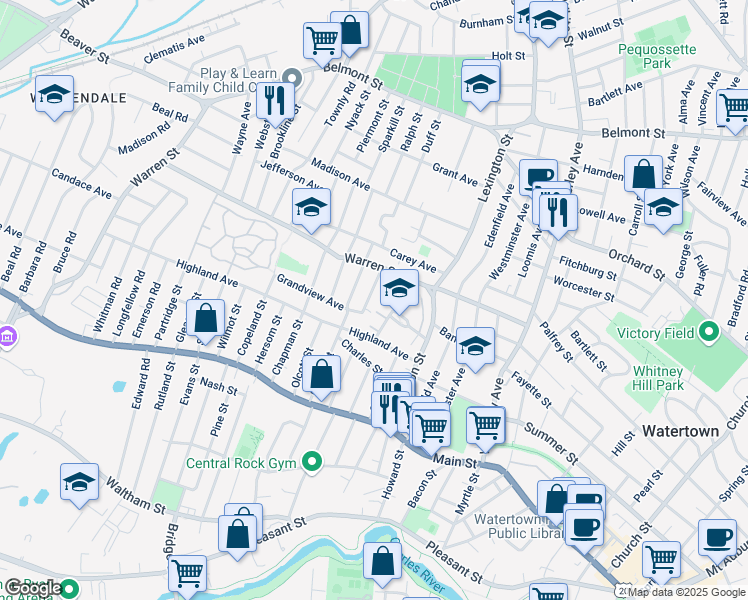 map of restaurants, bars, coffee shops, grocery stores, and more near 23 Desmond Avenue in Watertown