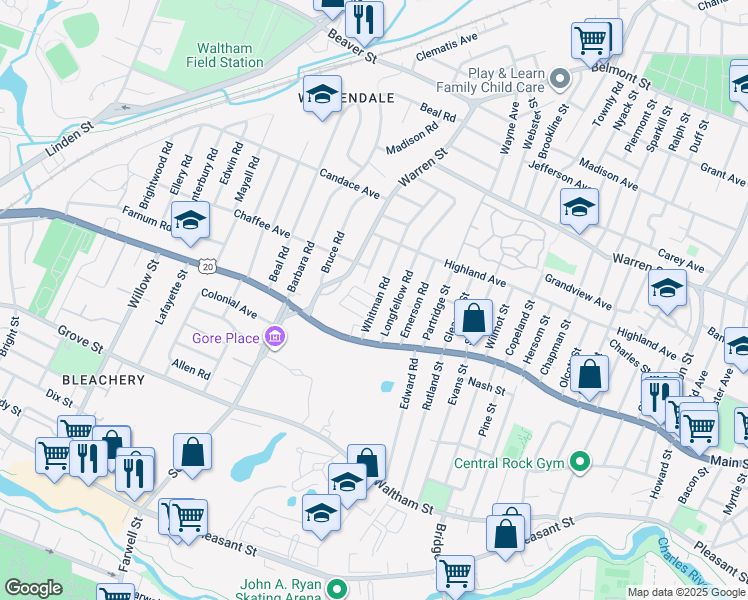 map of restaurants, bars, coffee shops, grocery stores, and more near 36 Whitman Road in Waltham