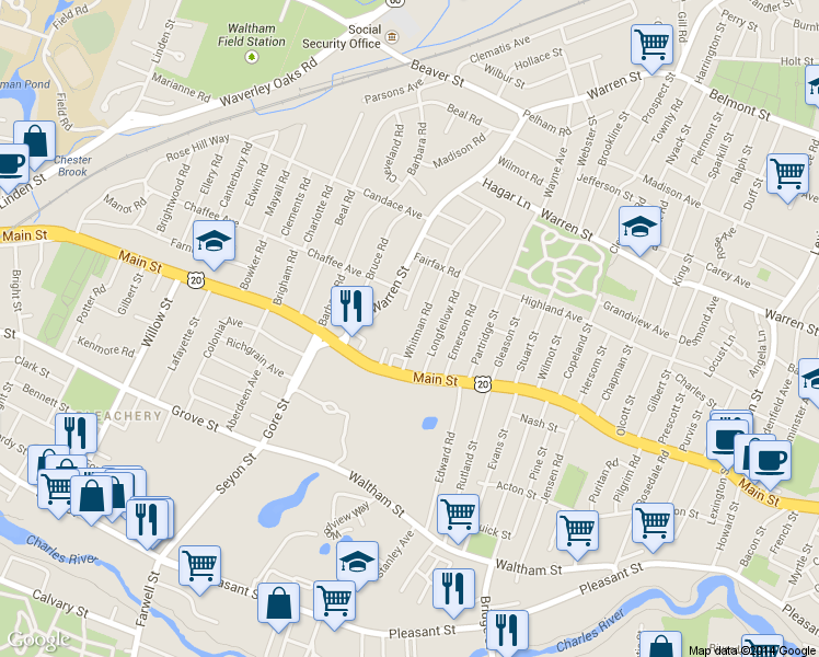 map of restaurants, bars, coffee shops, grocery stores, and more near 36 Whitman Road in Waltham