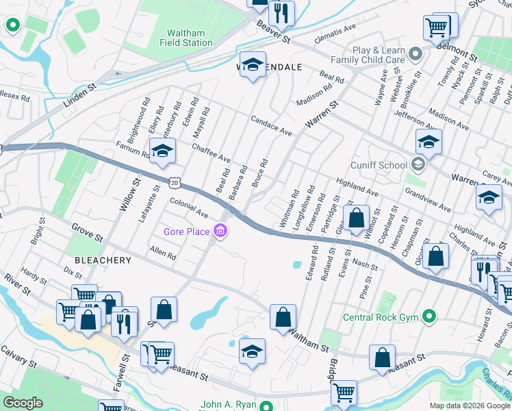 map of restaurants, bars, coffee shops, grocery stores, and more near 21 Warren Street in Waltham