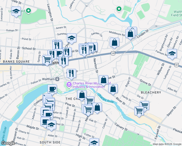 map of restaurants, bars, coffee shops, grocery stores, and more near 47 Amory Road in Waltham