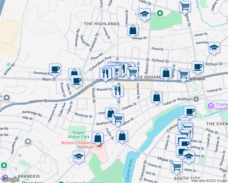 map of restaurants, bars, coffee shops, grocery stores, and more near 23 Prospect Street in Waltham
