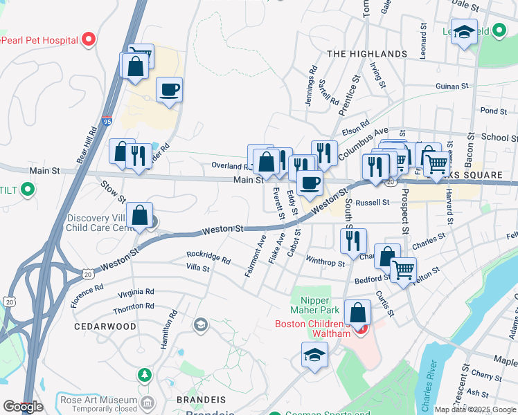 map of restaurants, bars, coffee shops, grocery stores, and more near 23 Caldwell Road in Waltham
