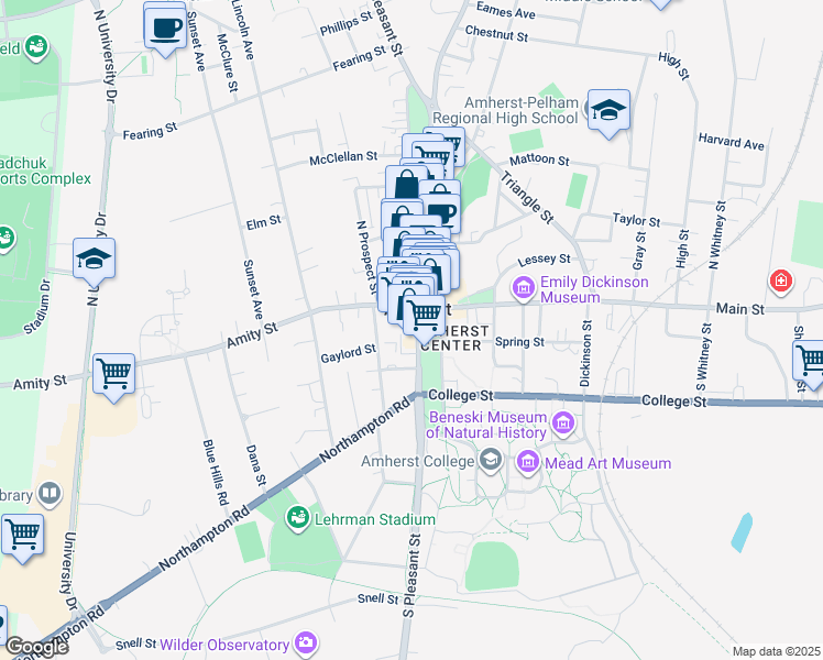 map of restaurants, bars, coffee shops, grocery stores, and more near in Amherst