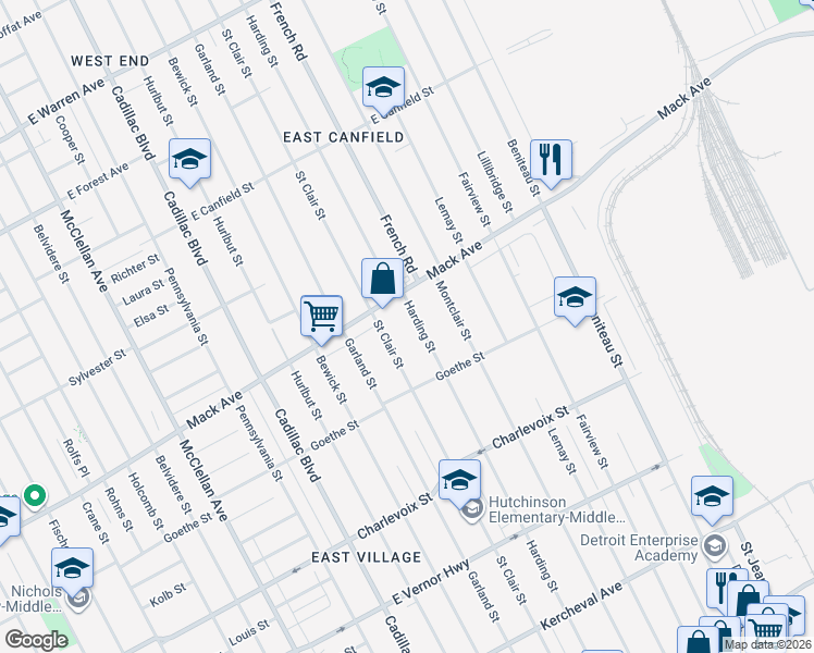 map of restaurants, bars, coffee shops, grocery stores, and more near 3499 Harding Street in Detroit
