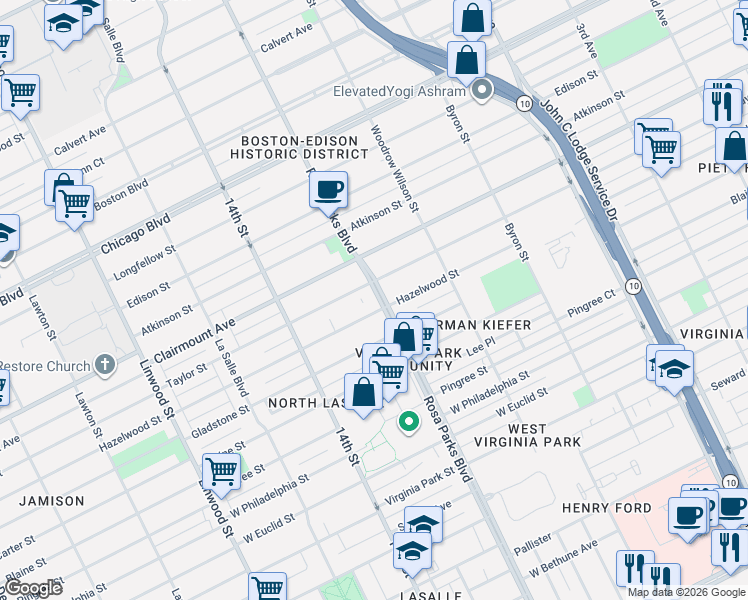 map of restaurants, bars, coffee shops, grocery stores, and more near 1900 Hazelwood Street in Detroit